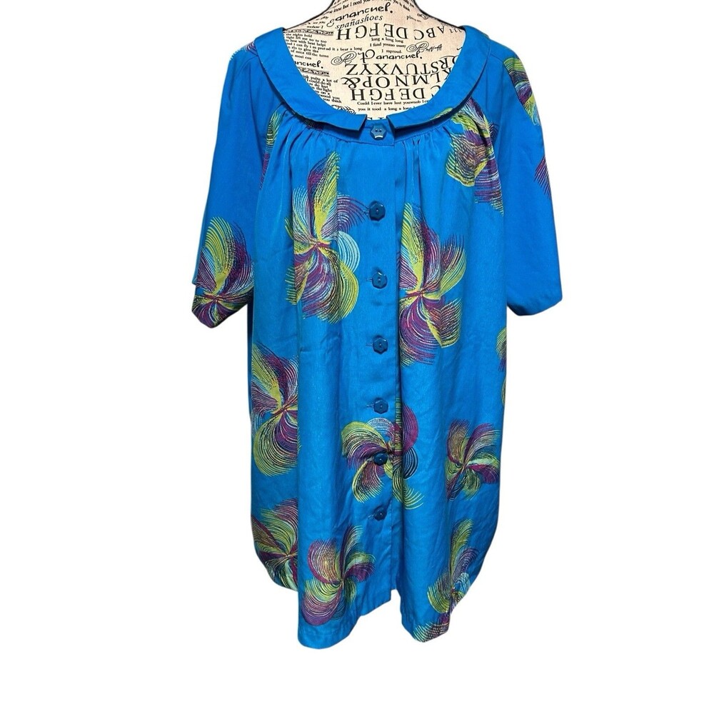 Roamans‎ Size 3X Top Blouse Shirt Blue Floral Smock Peter Pan Collar Flowy boho